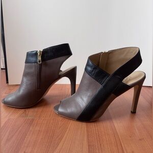 Ann Taylor leather colorblock open toe sling back heels.